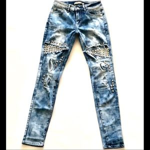 Studded, Acid Washed High-Waist Skinny Jeans